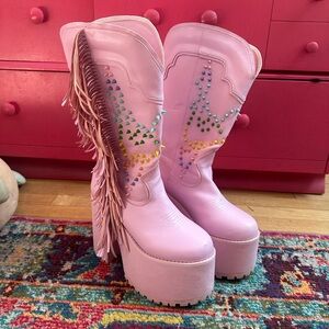 Dolls Kill Pastel Pink Platform Boots with Fringe